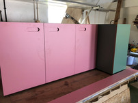 Pink laminate kitchen island workshop fabrication