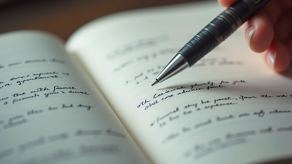 Close-up of a notebook with handwritten notes and a pen