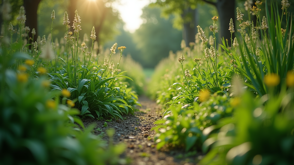 Eye-level view of a lush green garden with a variety of plants