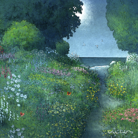 bosc, jardí, bosque jardín, flores, flors, flowers, nit, noche, night póster, dibuix, pintura, art, decoració