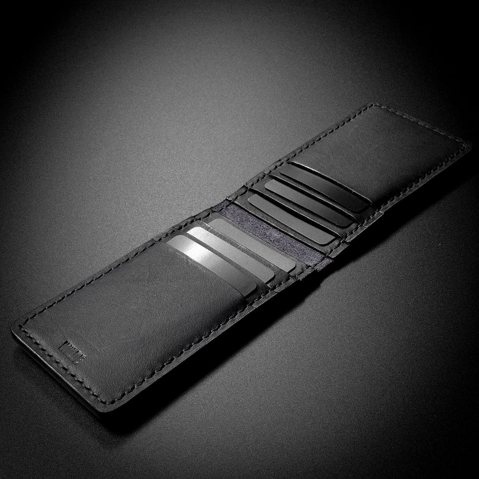 handmade leather flip wallet black present gift him male blackburn lancashire geoff wilde card fold