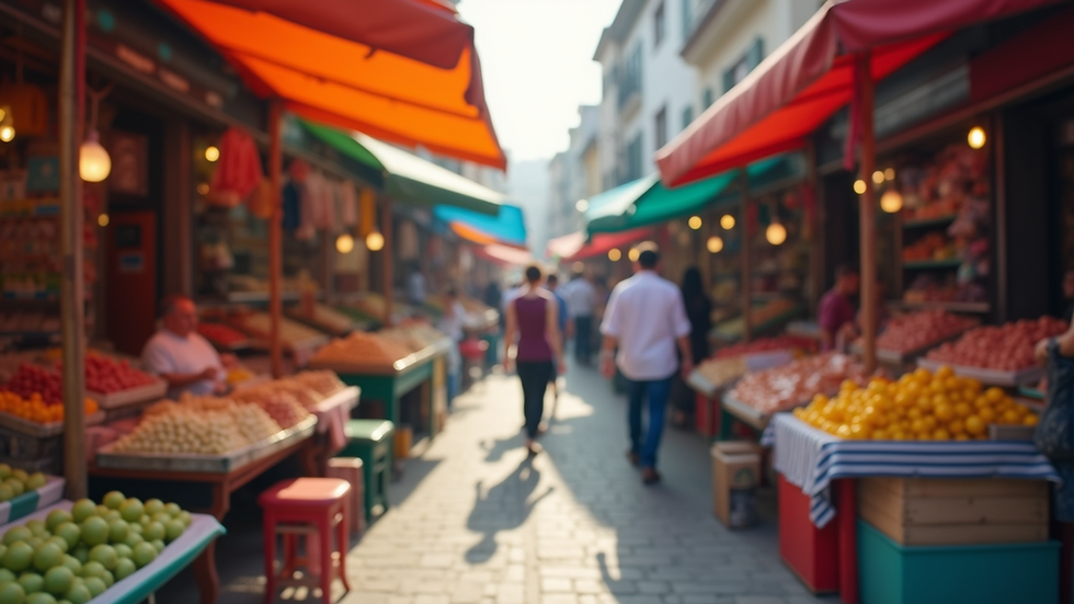 Eye-level view of a vibrant outdoor market with colorful stalls