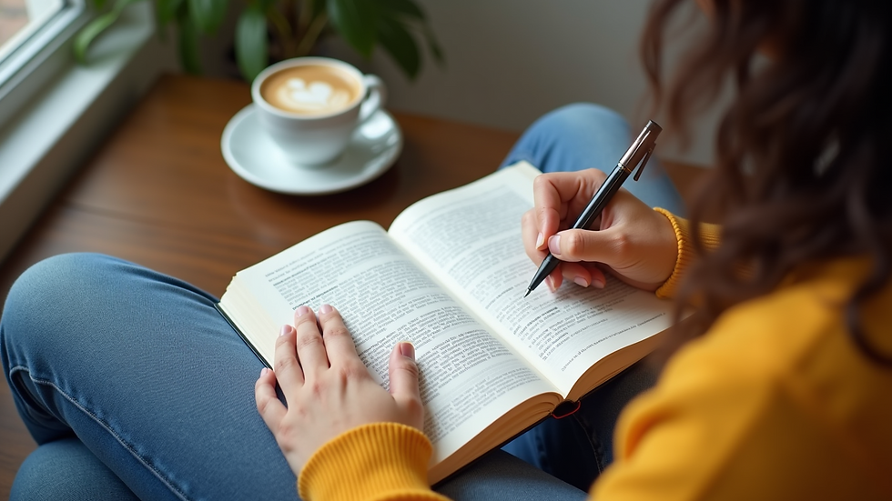 High angle view of a person writing in a notebook with a cup of coffee nearby