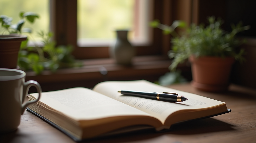 Eye-level view of a cozy writing nook with a notebook and pen