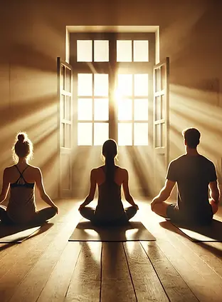 DALL·E 2026-01-04 20.41.34 - A calm, sunlit yoga studio seen from behind three people who 