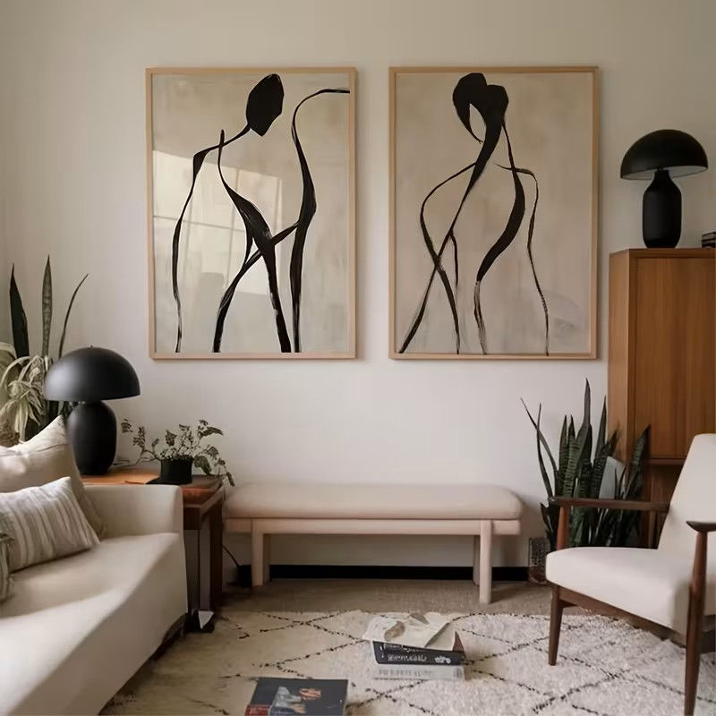 Miniatura: 2 Pôsteres abstratos em tela com linhas pretas e bege, arte impressa.