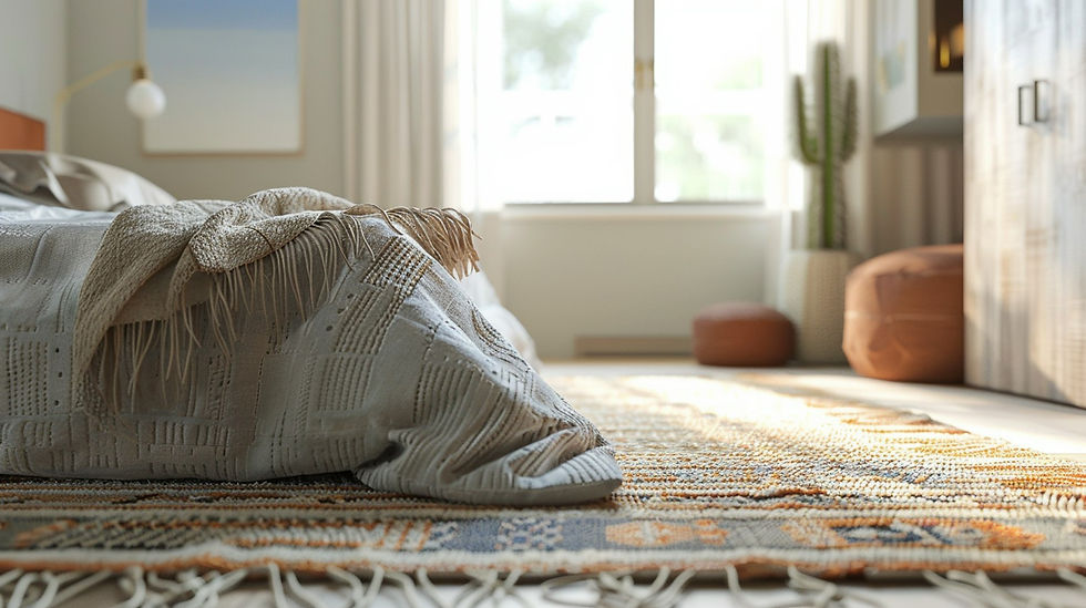 Warm knitted throws on the bed.