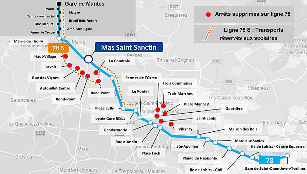 Plan des différents arrêts de bus supprimés sur la Ligne 78
