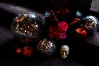 alternative wedding styling  Summerween wedding inspiration  Halloween wedding ideas  disco ball wedding decor  gothic glam wedding summerween