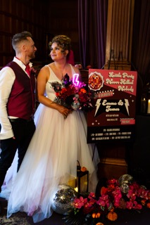 alternative wedding styling  Summerween wedding inspiration  Halloween wedding ideas  disco ball wedding decor  gothic glam wedding summerween