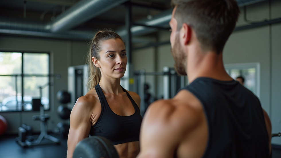 Eye-level view of a personal trainer guiding a client through a workout