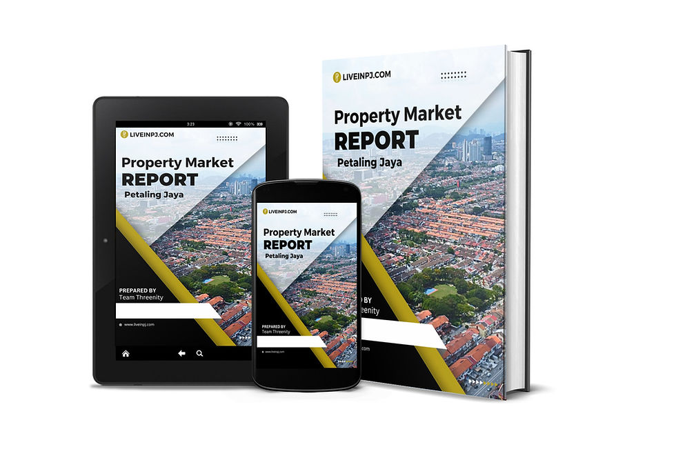Tablet, phone, and book display a Property Market Report for Petaling Jaya with a city aerial cover and LIVEINPJ.COM branding.