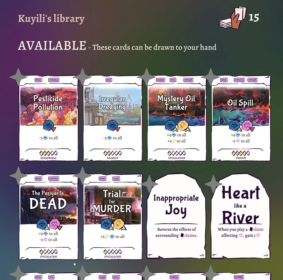 Screenshot of All Will Rise and some of the climate law arguments you can make in the game by playing cards.