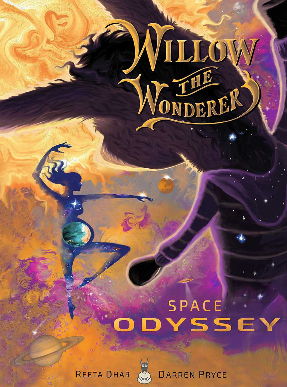 Book cover of Willow the Wonderer - Space Odyssey. Willow is looking at mother earth - portrayed as a pregnant ballerina - mesmerised as she dances round the sun
