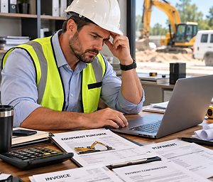 Contractor reviewing equipment purchase documents, invoices, and payment records for const