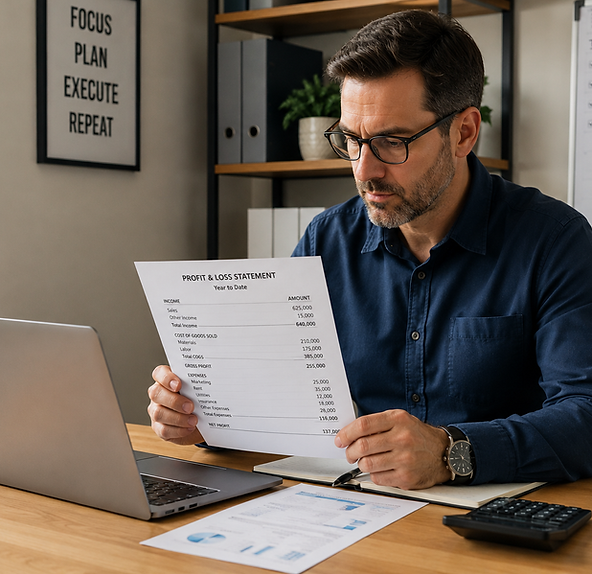 usiness owner reviewing a reconciled profit and loss statement before filing a business tax return