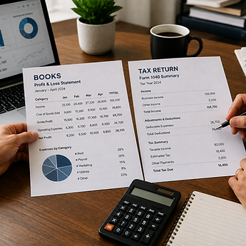 Accountant comparing bookkeeping records with a tax return during a financial review.png