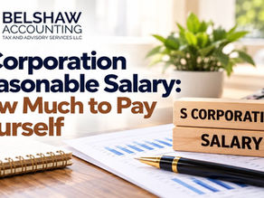 Wooden blocks reading S Corporation Salary beside a pen, notebook, and calculator on a desk.