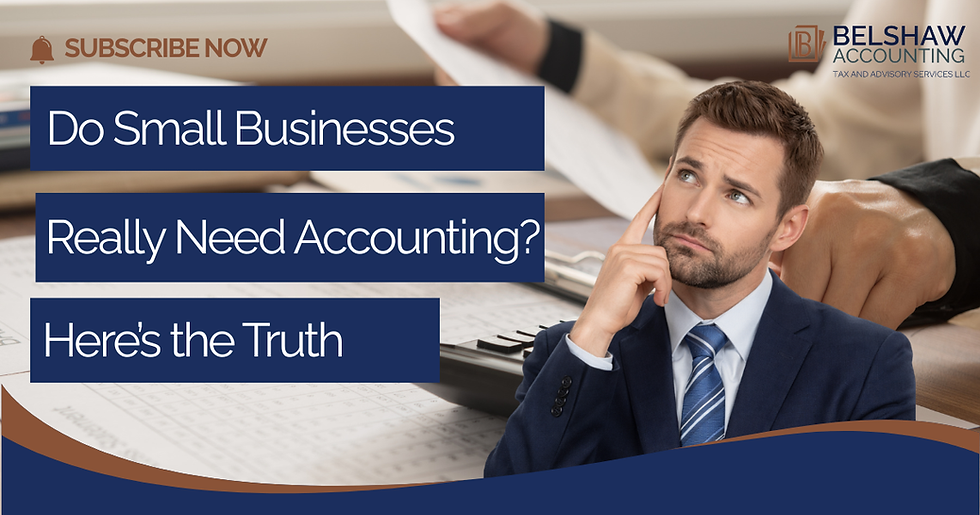 Man in suit ponders accounting documents; text asks if small businesses need accounting. Background: hands, papers, "Subscribe Now" button.