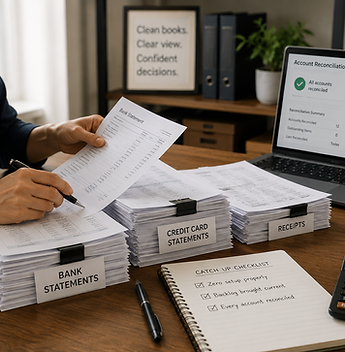 Accountant organizing bank statements and reconciling accounts to bring bookkeeping record