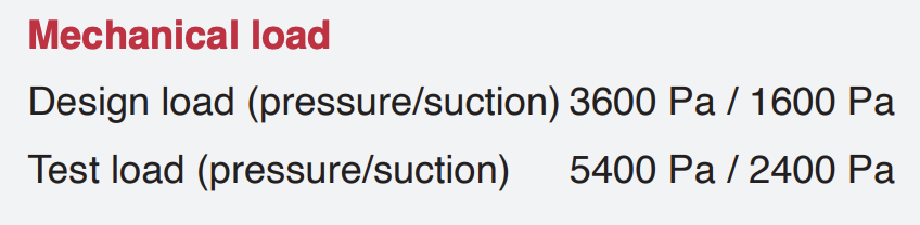 Grenser for mekanisk belastninger på en solcellemodul. Hentet fra datablad til en solcellemodul.