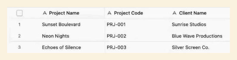 Three fictional projects appear as rows beneath Project Name, Project Code and Client Name columns.