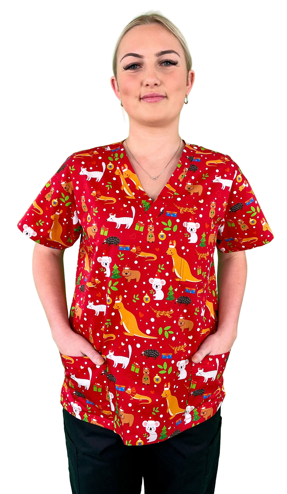 Thumbnail: RED AUSSIE XMAS SCRUB TOP. 100% Cotton
