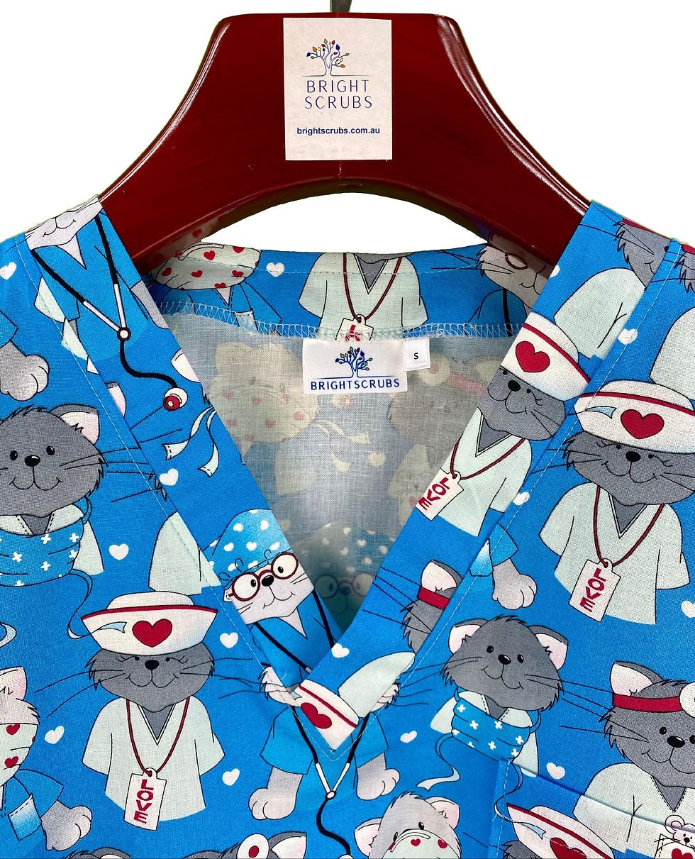 Thumbnail: BLUE NURSE CATS SCRUB TOP. 100% Cotton