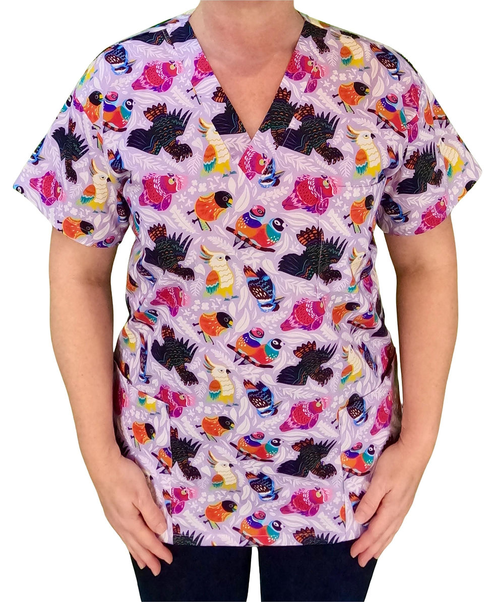 Thumbnail: FEATHERED FRIENDS SCRUB TOP. 100% Cotton