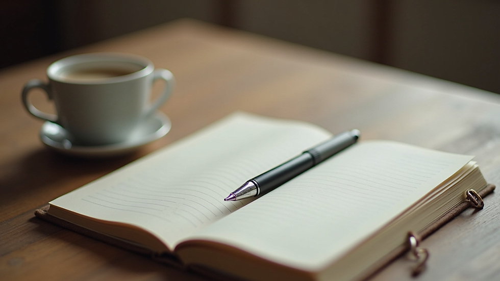 Close-up view of a journal and pen on a wooden table