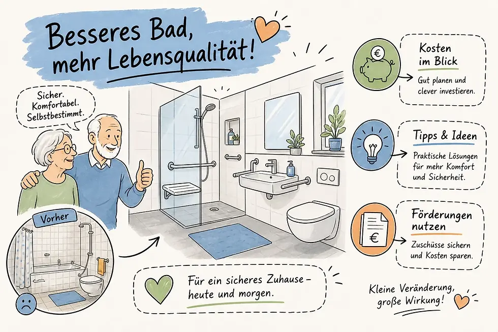 Barrierefreies Bad für Senioren mit bodengleicher Dusche und Haltegriffen
