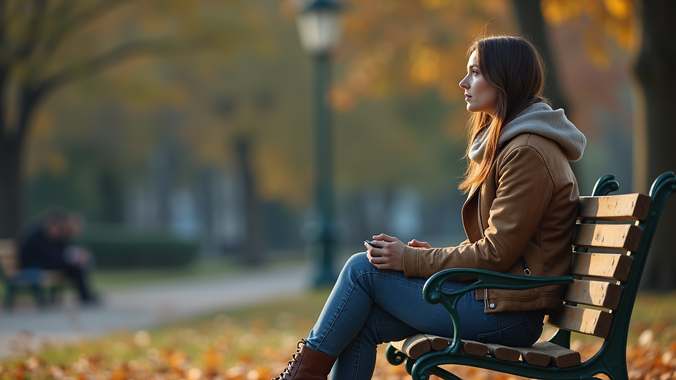 Eye-level view of a woman sitting alone on a park bench, looking thoughtful