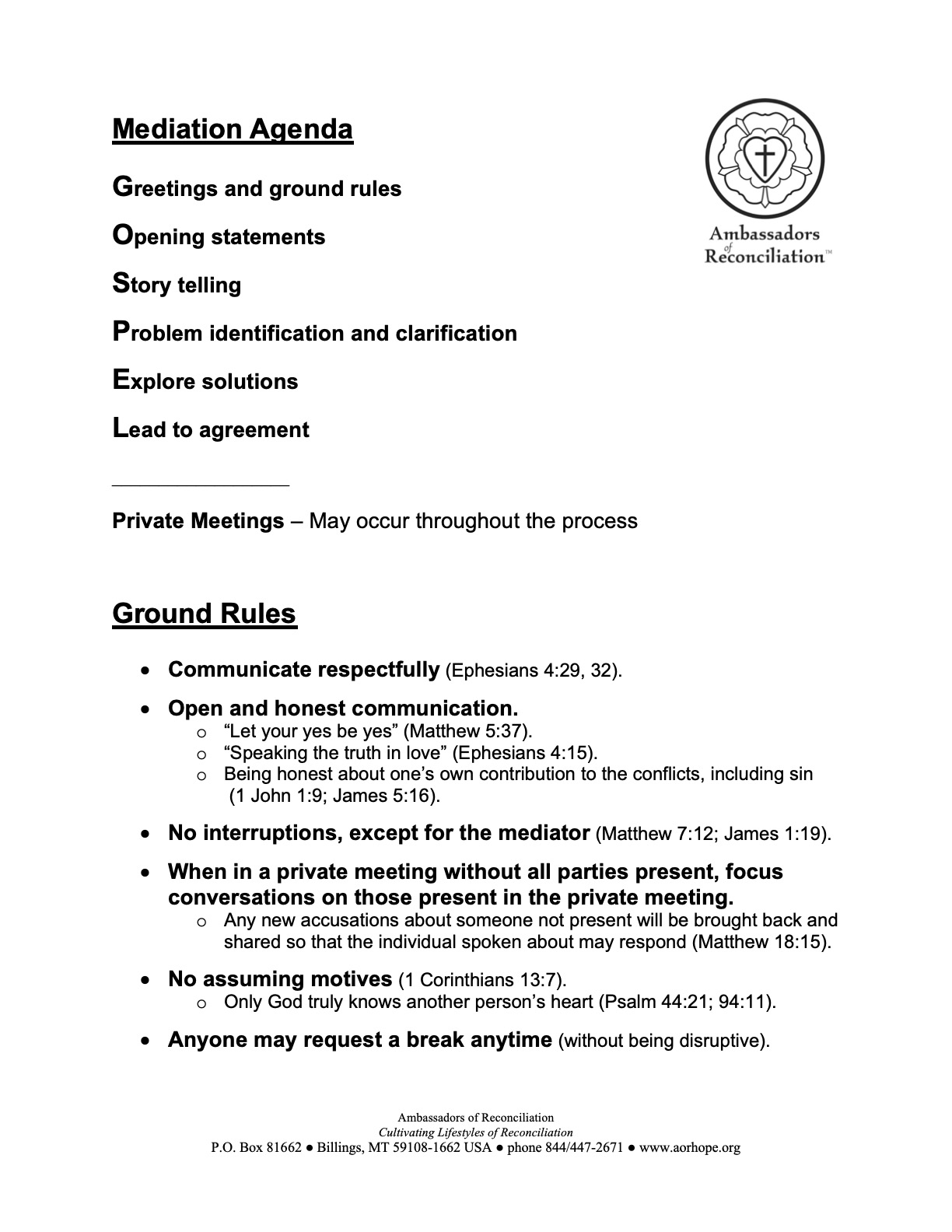 GOSPEL Mediation Agenda