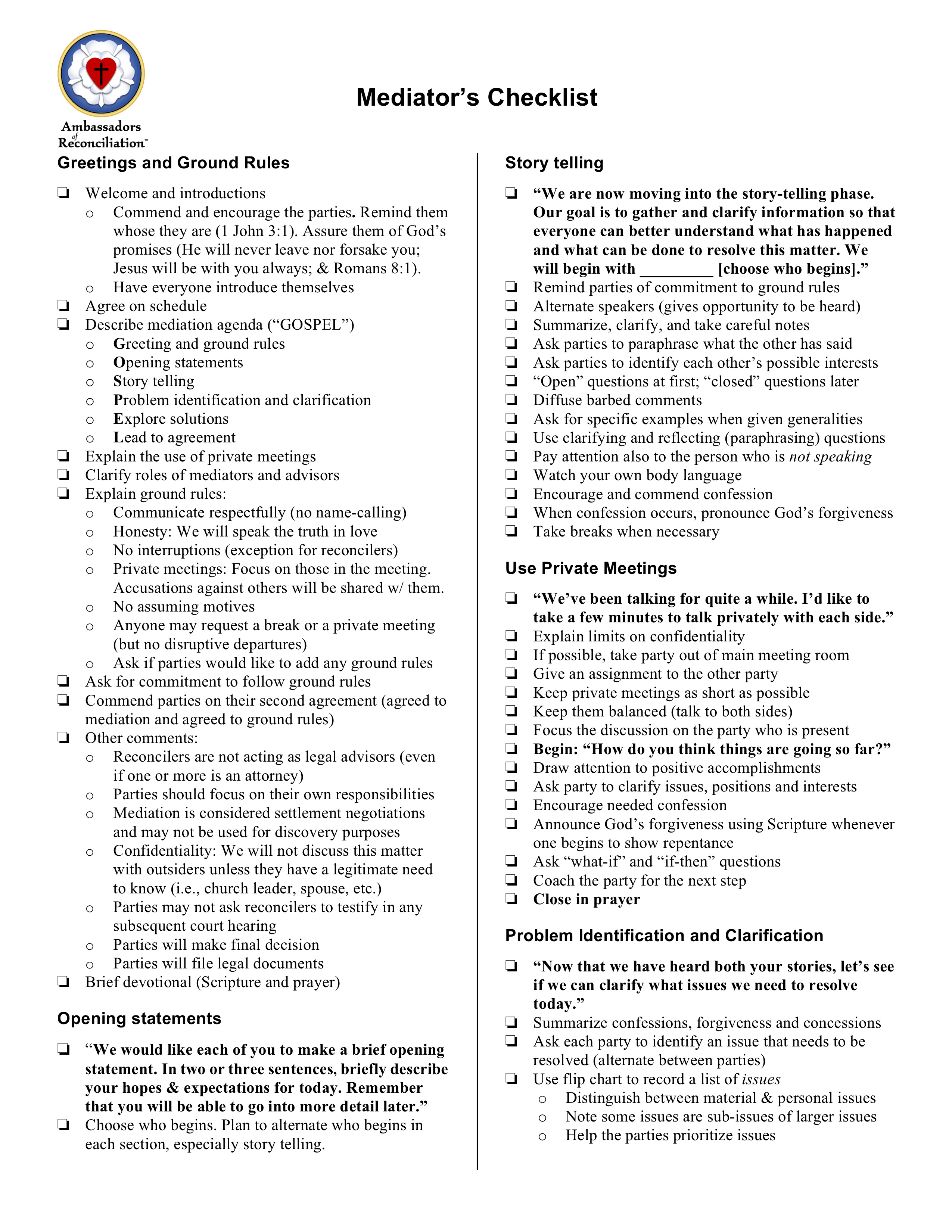 Mediator's Checklist