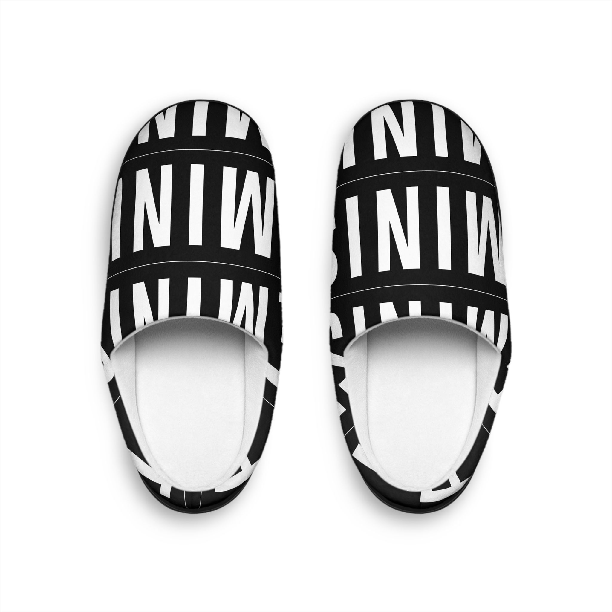 Men's Indoor Slippers — Bold Black & White 'MIN' Graphic Slip-Ons