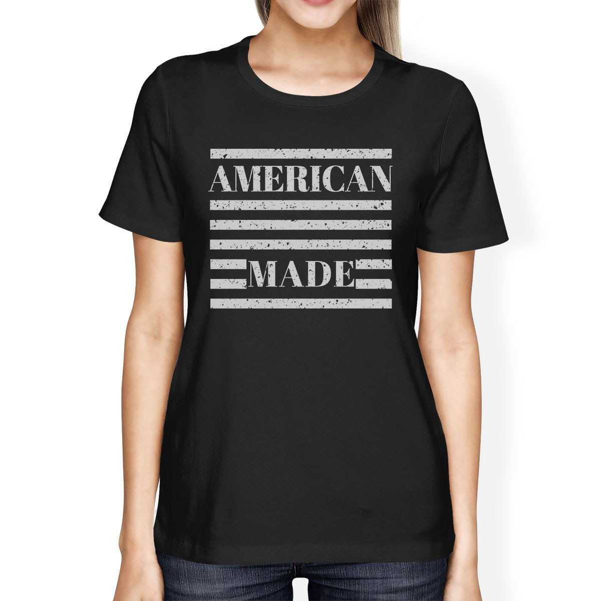American Made Womens Black Cotton Tee Fourth of July Graphic Shirt