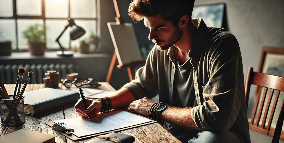 DALL·E 2024-10-04 18.36.58 - A realistic image of an artist sitting at a desk_ filling out