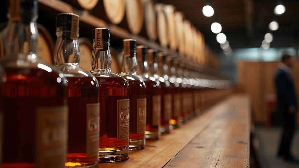 Eye-level view of a tasting room filled with bourbon bottles