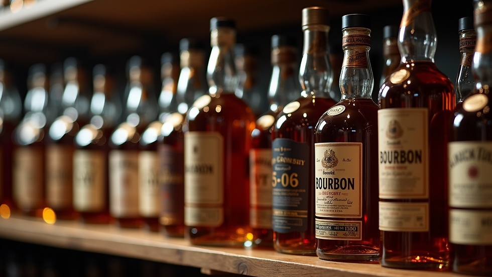 Close-up view of bourbon bottles lined on a shelf