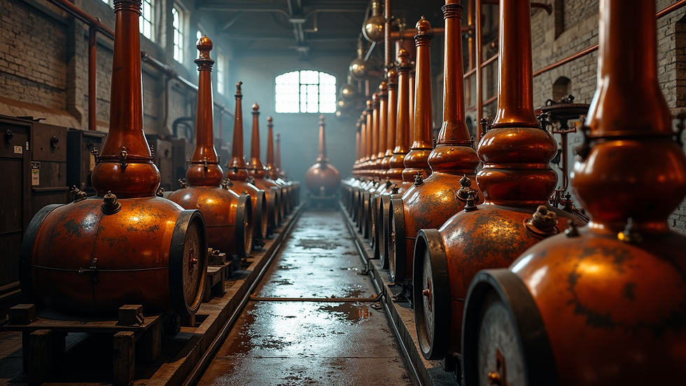 High angle view of a distillery reflecting bourbon production