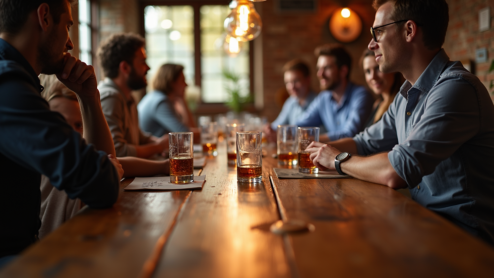 Eye-level view of members gathered around a bourbon tasting table