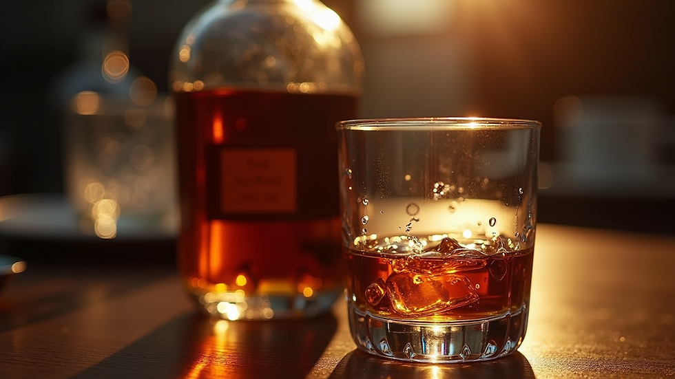 Close-up view of a bottle of bourbon and a glass