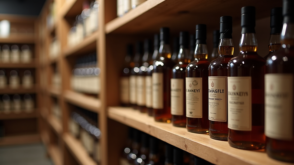 Eye-level view of whiskey bottles on a wooden shelf