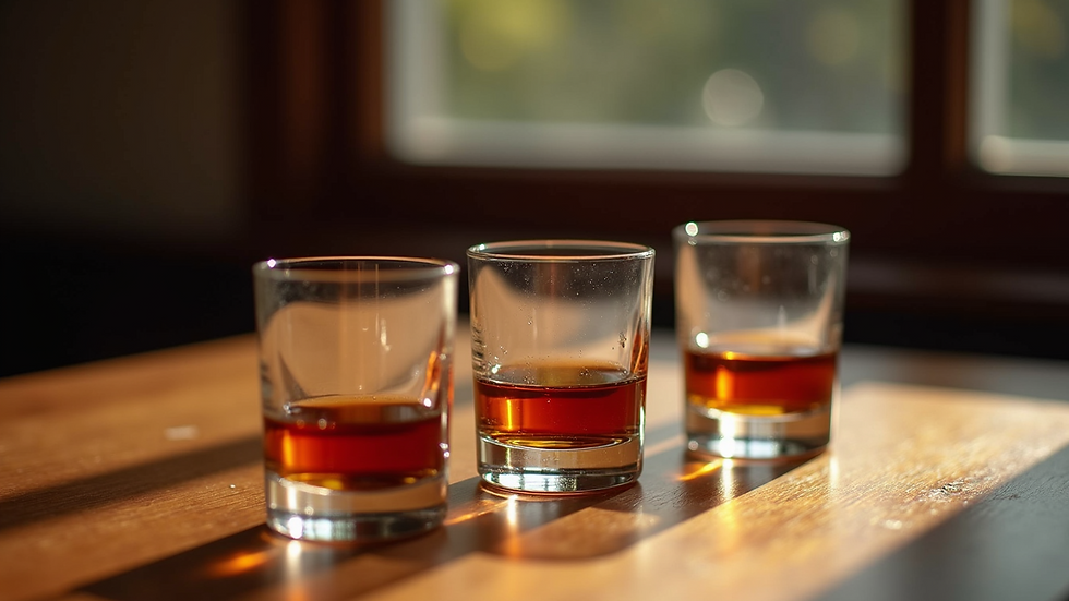 Close-up view of bourbon glasses on a wooden table