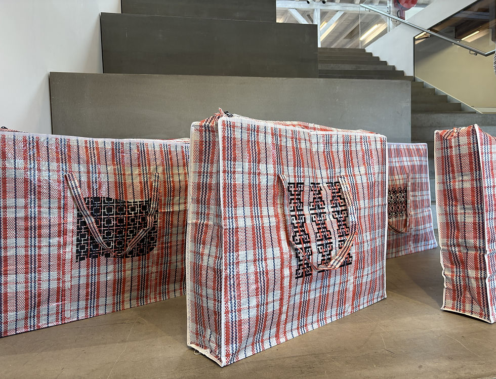 Benoît Billotte: Moucharabieh – Keep an Eye on Your Belongings, 2016, lasergeschnittene Kunststofftragetaschen, Karton, Stahlelemente. Sammlung Kunst(Zeug)Haus, Schenkung 2024