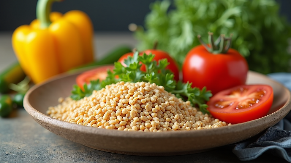 Close-up view of a colorful plate with fresh vegetables and grains