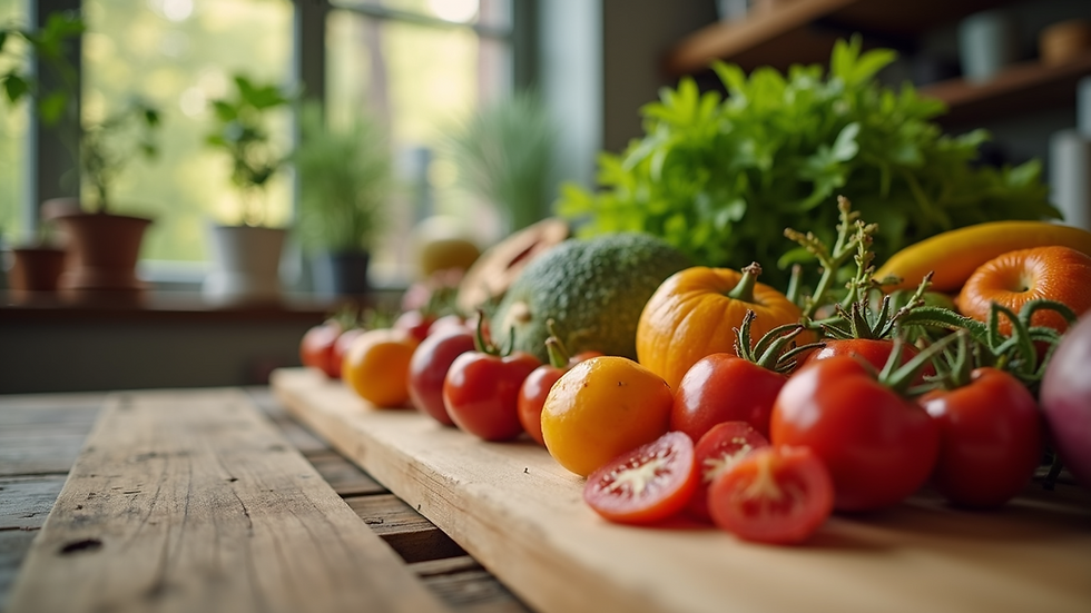 Eye-level view of a wooden table with fresh fruits and vegetables
