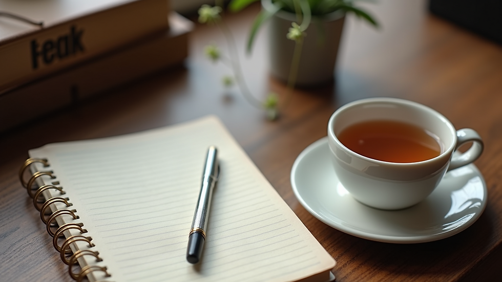 High angle view of a journal, pen, and cup of tea on a wooden desk