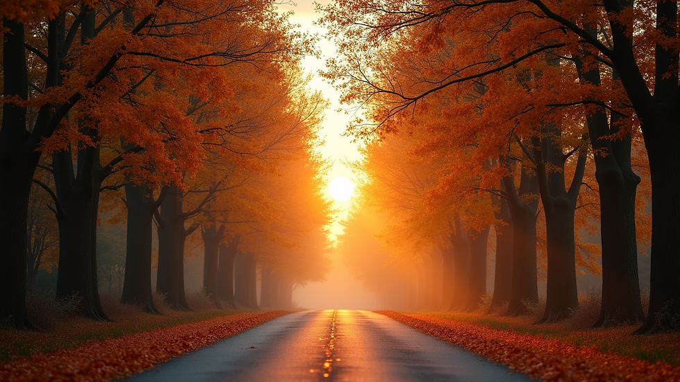 Eye-level view of a quiet road lined with autumn trees during sunrise