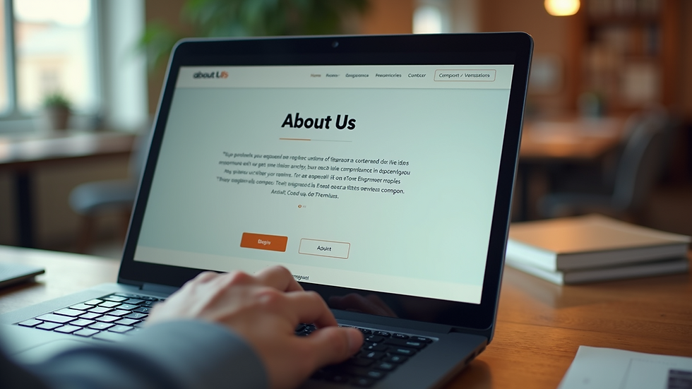 Eye-level view of a laptop screen showing a website's about us page layout